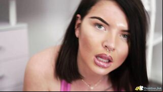 Brunette chick Beth Spiby with nose and lower lip piercing mops the floor turning cameraguy on