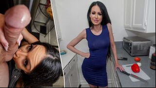 Dark-haired mom sucks Chad's cock and licks his balls before getting laid