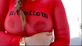 Sultry pornstar in red poses when having her perfect XXX body oiled