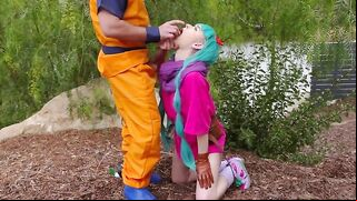 Lucky man has an outdoor oral XXX twosome with the cosplayer babe
