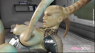 She is waiting to get off on her best friend on the screen in an alien porn vid